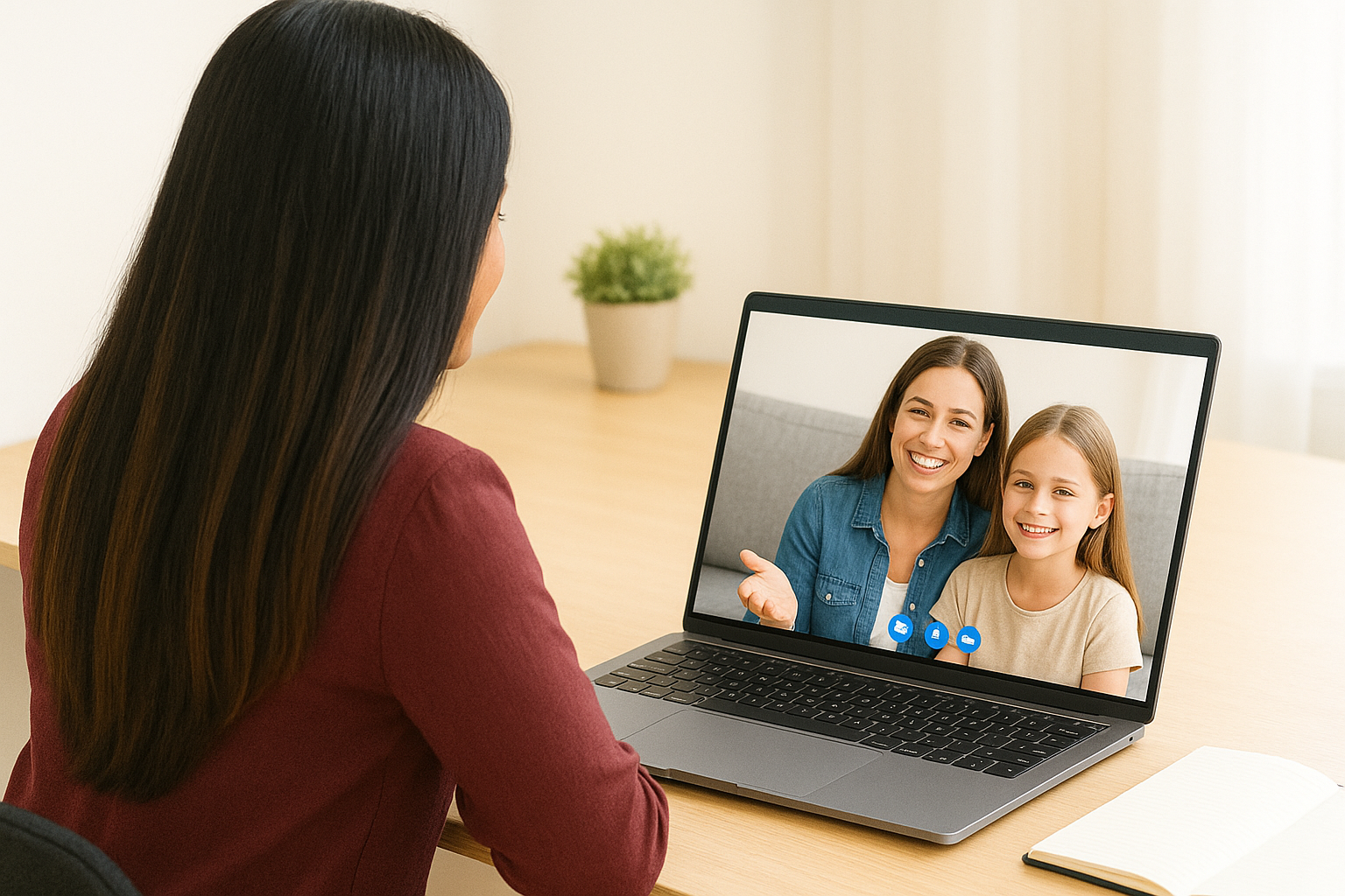 Rasheda Akhtar conducting a happy telehealth session with a family